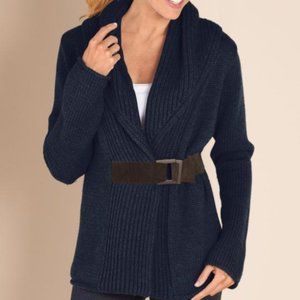 Soft Surroundings Country Weekend Cardigan Size M Wool Blend Navy Belted Collar